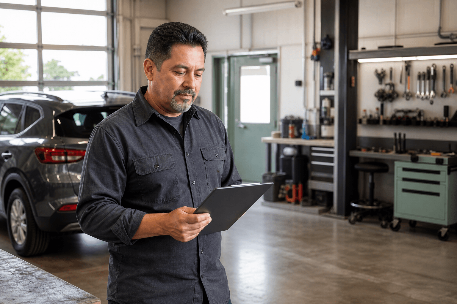 Asesor de servicio automotriz revisando una solicitud de cita de servicio