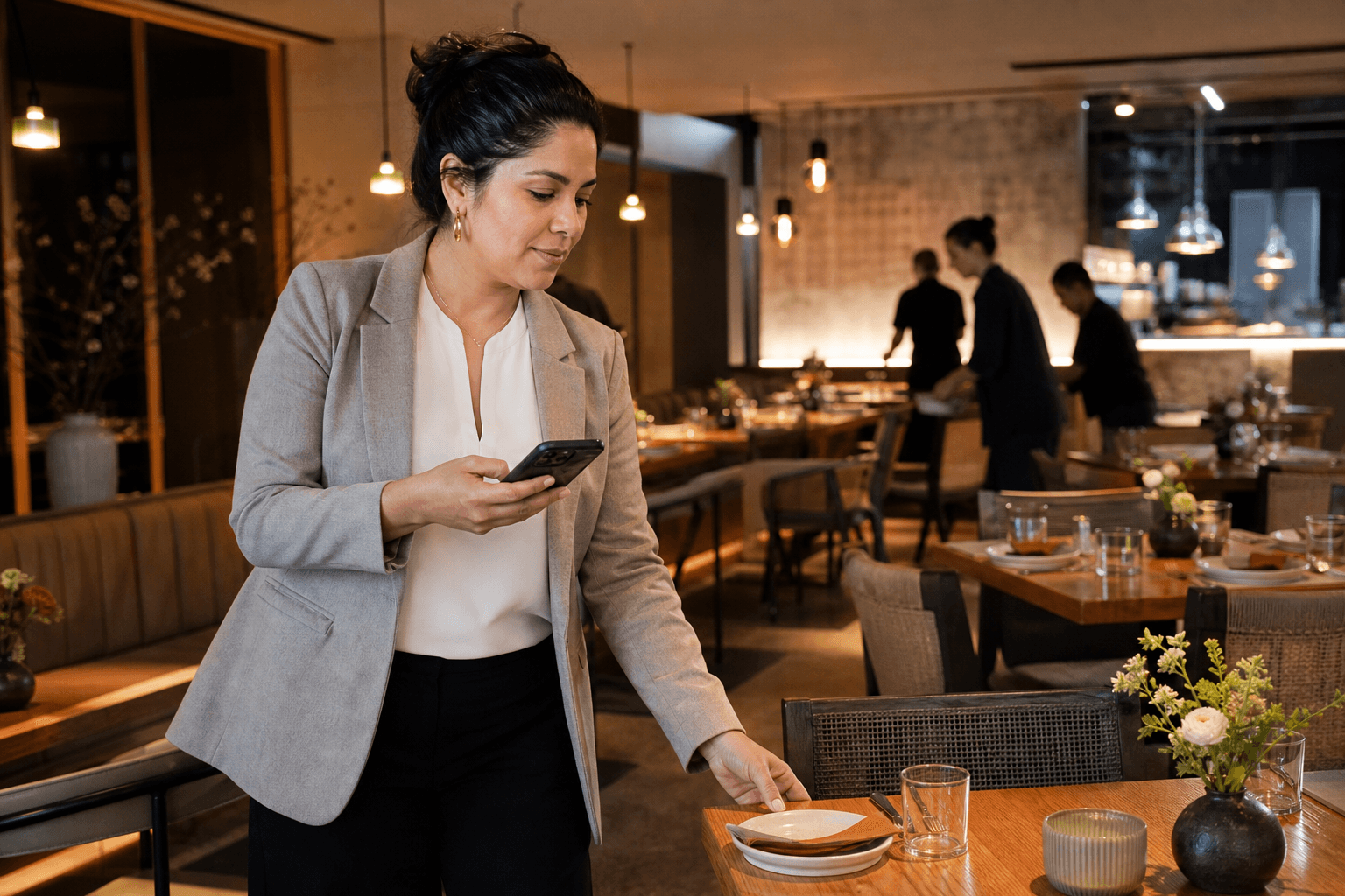 Gerente de restaurante revisando una solicitud de reservación bilingüe